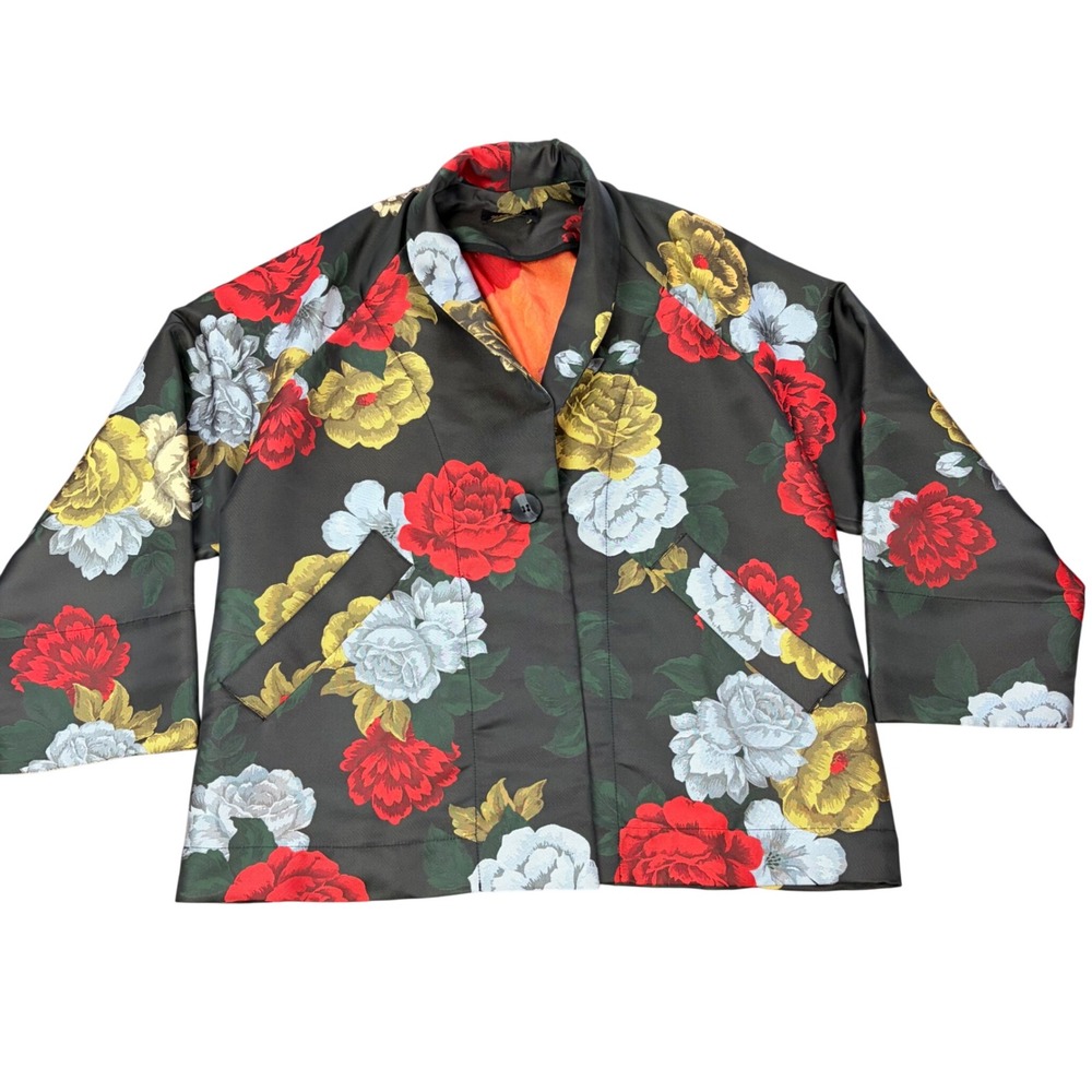 Alembika Women Floral Rose‎ Print Jacket Green Red Yellow Shawl Collar Size S